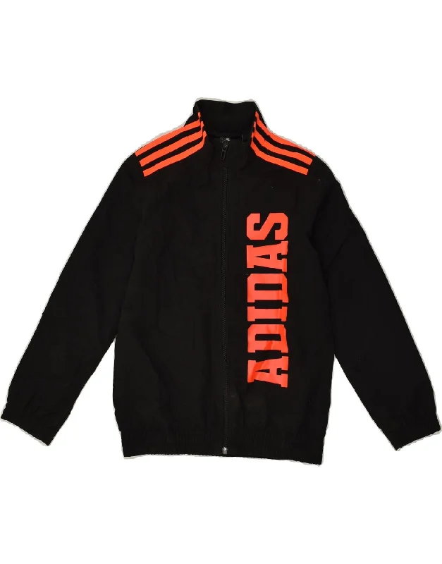 men's packable jackets -ADIDAS Boys Graphic Tracksuit Top Jacket 7-8 Years Black Polyester