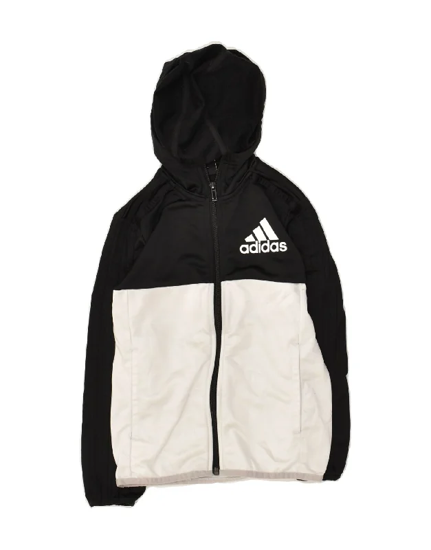 men's winter coats with fur -ADIDAS Boys Hooded Tracksuit Top Jacket 5-6 Years Black Colourblock