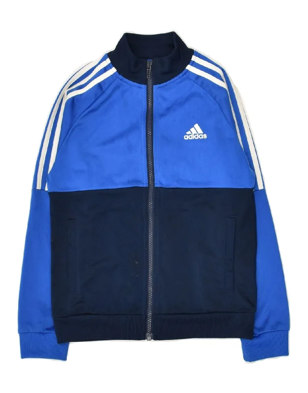 men's jacket with hoodie -ADIDAS Boys Tracksuit Top Jacket 9-10 Years Blue Colourblock Polyester