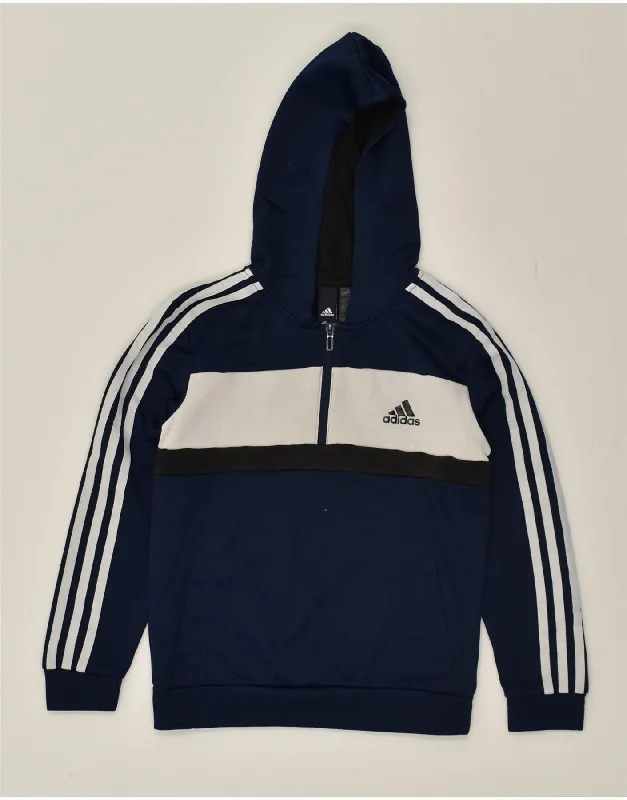 men's colorful hoodies -ADIDAS Boys Zip Neck Hoodie Jumper 9-10 Years Navy Blue Colourblock