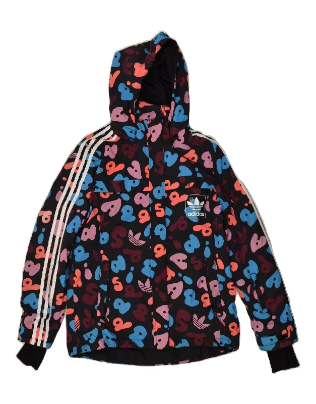 men's bomber jacket with patches -ADIDAS Girls Graphic Hooded Windbreaker Jacket 15-16 Years Black Polyester