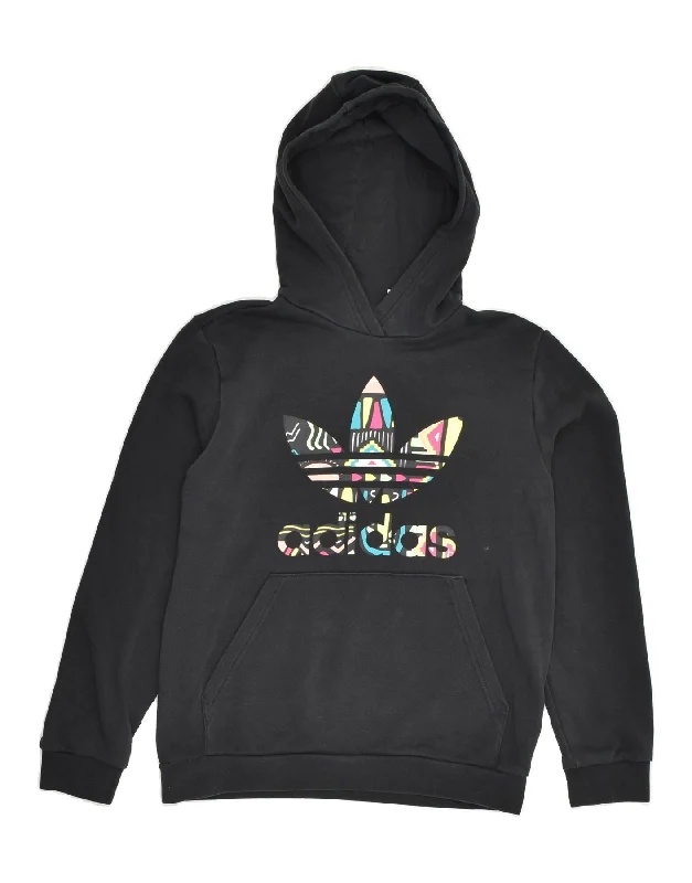 men's hoodie for snowboarding -ADIDAS Girls Graphic Hoodie Jumper 11-12 Years Black Cotton