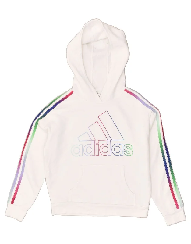 men's trendy zip-up sweatshirts -ADIDAS Girls Graphic Hoodie Jumper 13-14 Years Large White Striped Cotton