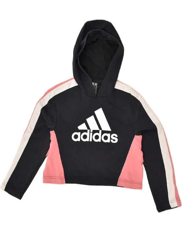 men's hoodie for layering -ADIDAS Girls Graphic Hoodie Jumper 9-10 Years Black Colourblock Cotton