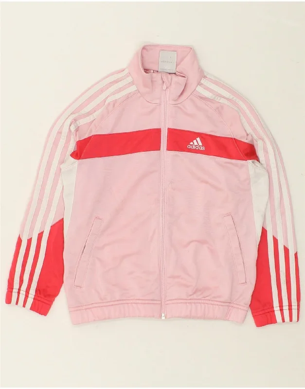 men's long sleeve jackets -ADIDAS Girls Tracksuit Top Jacket 7-8 Years Pink Colourblock Polyester