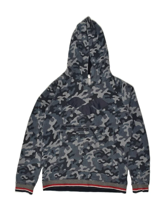 men's pullover hoodie with pockets -ARENA Boys Graphic Hoodie Jumper 13-14 Years Navy Blue Camouflage