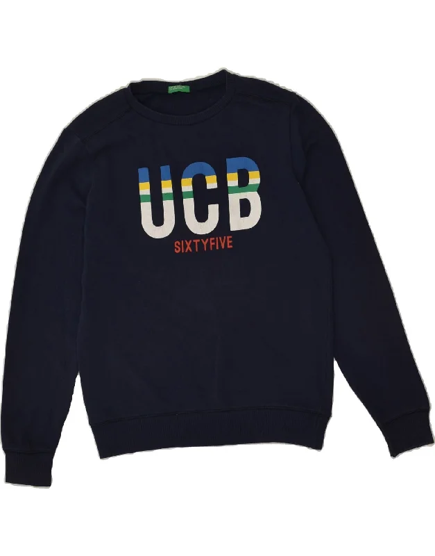 men's hoodie for exercise -BENETTON Boys Graphic Sweatshirt Jumper 13-14 Years 3XL Navy Blue Cotton