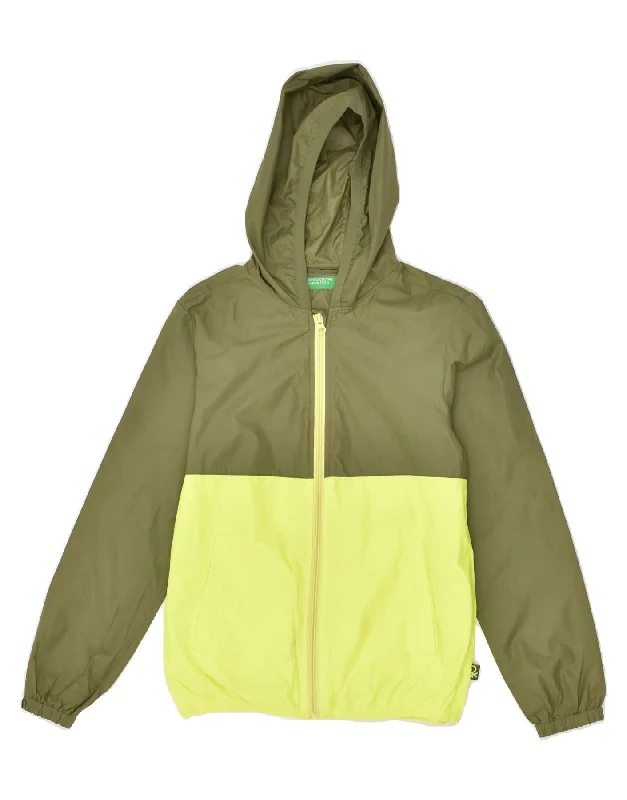 men's trench jackets for winter -BENETTON Boys Hooded Rain Jacket 10-11 Years XL Green Colourblock