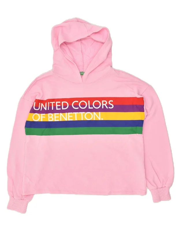 men's hoodie for outdoor wear -BENETTON Girls Graphic Hoodie Jumper 13-14 Years 3XL Pink Colourblock