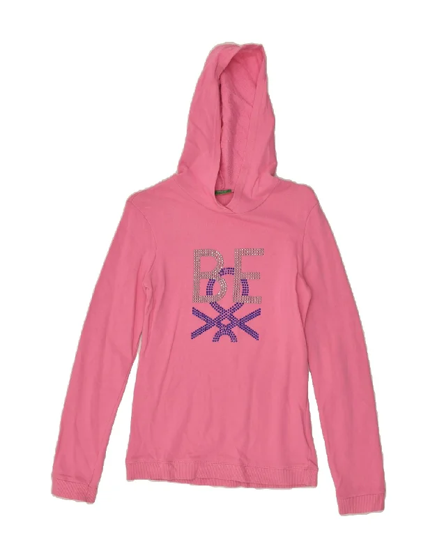 men's cotton blend hoodies -BENETTON Girls Graphic Hoodie Jumper 13-14 Years 3xl Pink Cotton