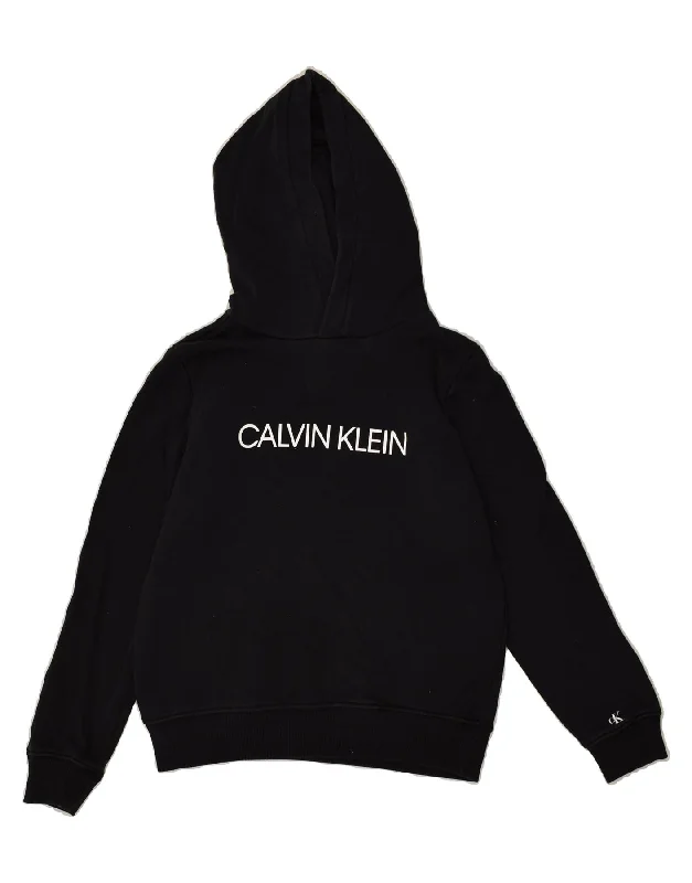 men's hoodie with designs -CALVIN KLEIN Boys Graphic Hoodie Jumper 11-12 Years Black Cotton