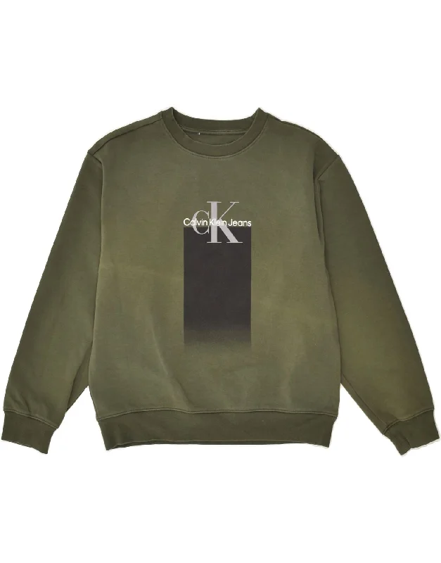 men's hoodie for fashion -CALVIN KLEIN Boys Graphic Sweatshirt Jumper 15-16 Years Khaki Cotton