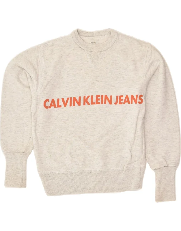 men's workout sweatshirts -CALVIN KLEIN Boys Graphic Sweatshirt Jumper 9-10 Years Grey Cotton