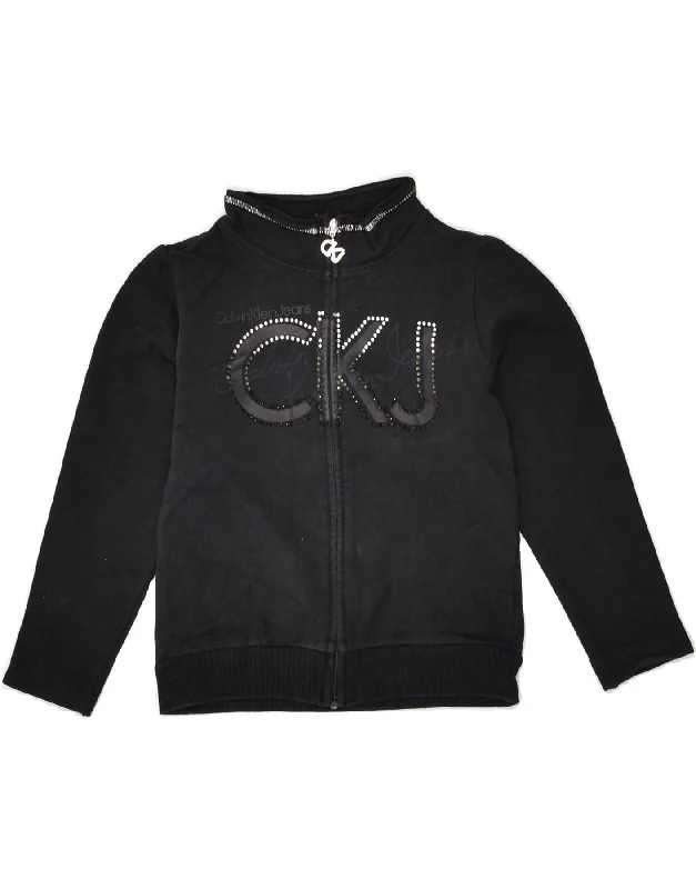 men's travel jackets -CALVIN KLEIN Girls Graphic Tracksuit Top Jacket 4-5 Years Black Cotton