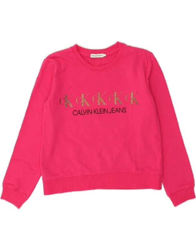 men's hoodies with logos -CALVIN KLEIN JEANS Girls Graphic Sweatshirt Jumper 11-12 Years Pink Cotton