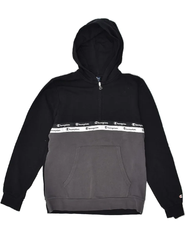 men's warm hoodies -CHAMPION Boys 1/4 Zip Hoodie Jumper 15-16 Years 2XL  Black Colourblock