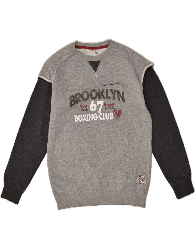 men's long sleeve hoodie -CHAMPION Boys Brooklyn Graphic Sweatshirt Jumper 13-14 Years XL Grey