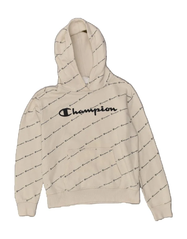 men's hoodie for casual wear -CHAMPION Boys Graphic Hoodie Jumper 11-12 Years Large  Off White Cotton