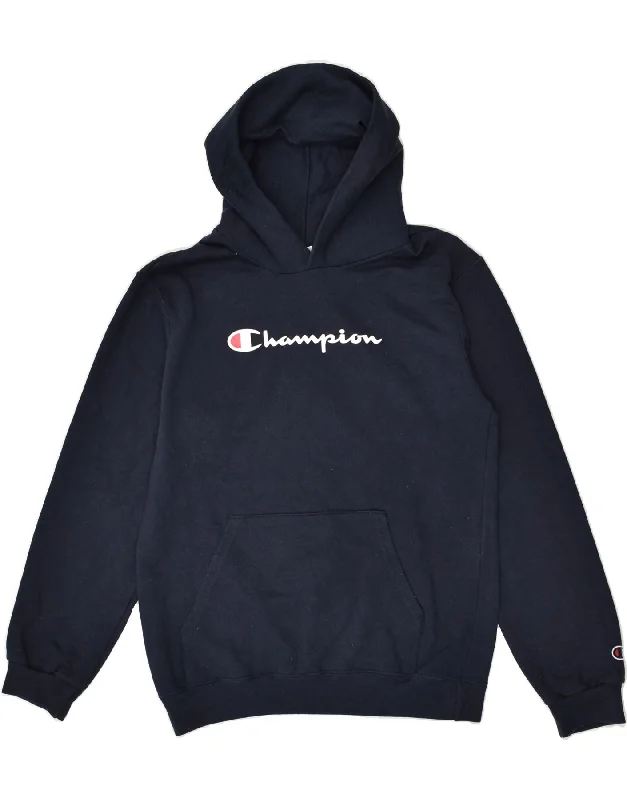 men's soft cotton hoodies -CHAMPION Boys Graphic Hoodie Jumper 12-13 Years Large Navy Blue Cotton