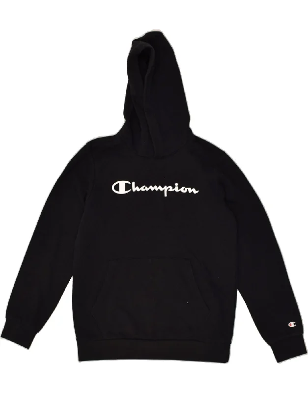 men's pullover hoodie with drawstrings -CHAMPION Boys Graphic Hoodie Jumper 13-14 Years XL Black Cotton