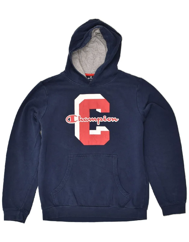 men's hoodies with logos -CHAMPION Boys Graphic Hoodie Jumper 13-14 Years XL Navy Blue Cotton