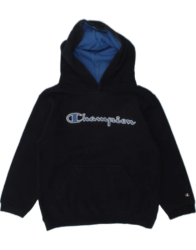 men's cozy fleece sweatshirts -CHAMPION Boys Graphic Hoodie Jumper 5-6 Years Navy Blue Cotton