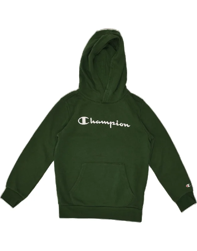 men's pullover hoodie for winter -CHAMPION Boys Graphic Hoodie Jumper 9-10 Years Medium Green Cotton