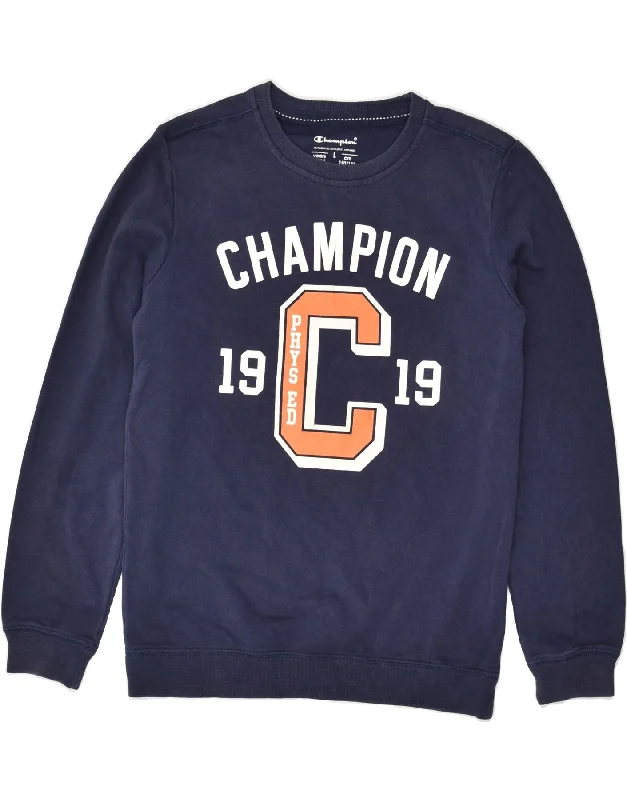 men's casual sweatshirts -CHAMPION Boys Graphic Sweatshirt Jumper 11-12 Years Large Navy Blue Cotton