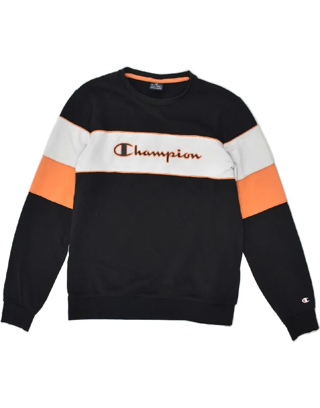 men's casual sweatshirts -CHAMPION Boys Graphic Sweatshirt Jumper 15-16 Years 2XL Black Colourblock