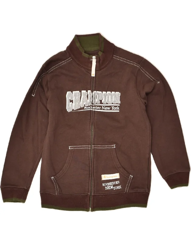 men's puffer jackets -CHAMPION Boys Graphic Tracksuit Top Jacket 5-6 Years XS Brown Cotton