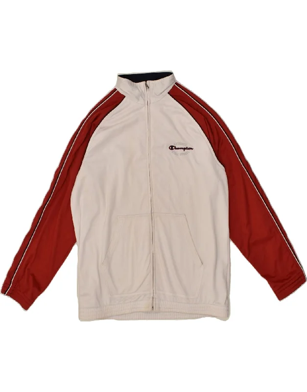 men's softshell jackets -CHAMPION Boys Tracksuit Top Jacket 13-14 Years XL Off White Colourblock