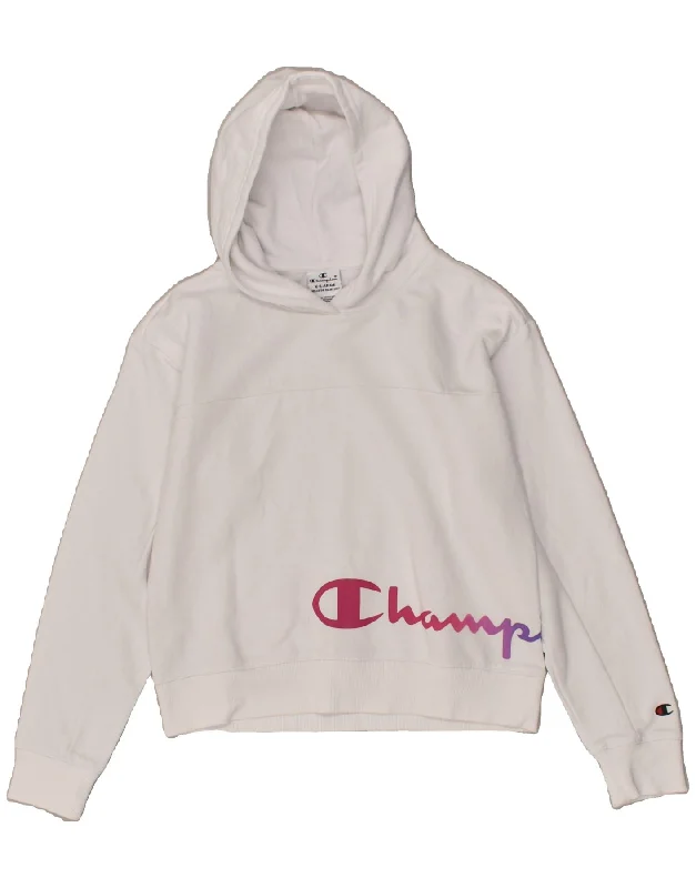 men's graphic sweatshirts with hoods -CHAMPION Girls Graphic Hoodie Jumper 13-14 Years XL White Cotton