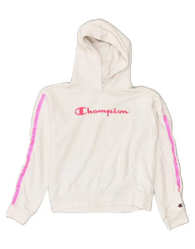 men's hoodie for layering -CHAMPION Girls Graphic Hoodie Jumper 13-14 Years XL  White Cotton