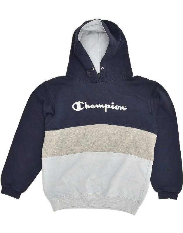 men's graphic sweatshirts with hoods -CHAMPION Girls Graphic Hoodie Jumper 9-10 Years Navy Blue Colourblock