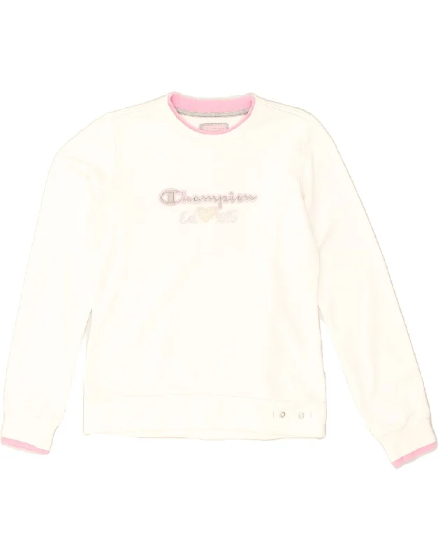 men's pullover hoodies -CHAMPION Girls Graphic Sweatshirt Jumper 11-12 Years Large  White Cotton