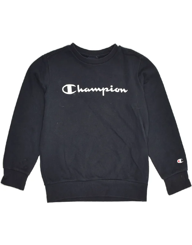 men's hoodie for running -CHAMPION Girls Graphic Sweatshirt Jumper 7-8 Years Small  Navy Blue Cotton