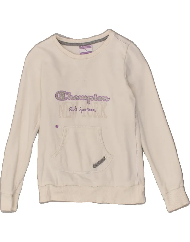 men's zip-up hoodie for hiking -CHAMPION Girls Graphic Sweatshirt Jumper 7-8 Years Small White Cotton