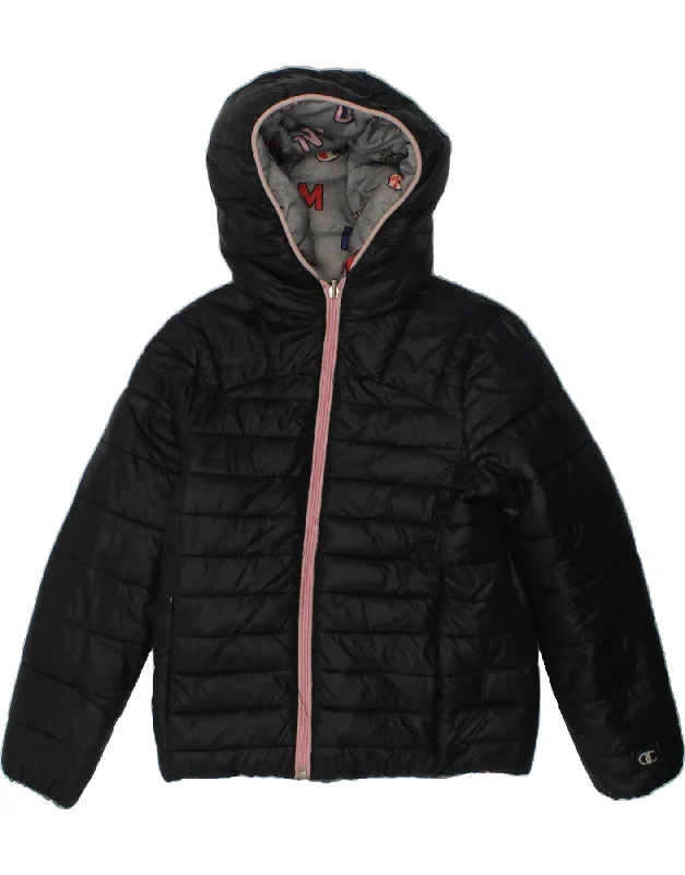 men's work jackets -CHAMPION Girls Hooded Reversible Padded Jacket 7-8 Years Small  Black