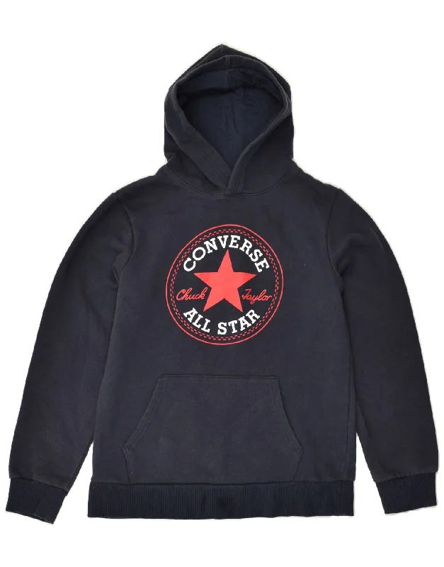 men's hoodie for cold weather -CONVERSE Boys Graphic Hoodie Jumper 13-14 Years XL Navy Blue Cotton