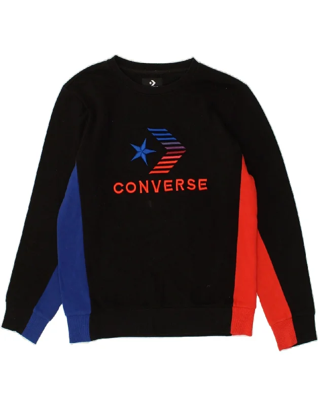 men's comfortable casual hoodies -CONVERSE Boys Graphic Sweatshirt Jumper 13-14 Years XL Black Colourblock