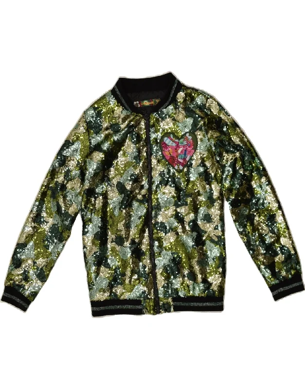 men's fashionable jackets -DESIGUAL Girls Bomber Jacket 11-12 Years Green Geometric Polyester