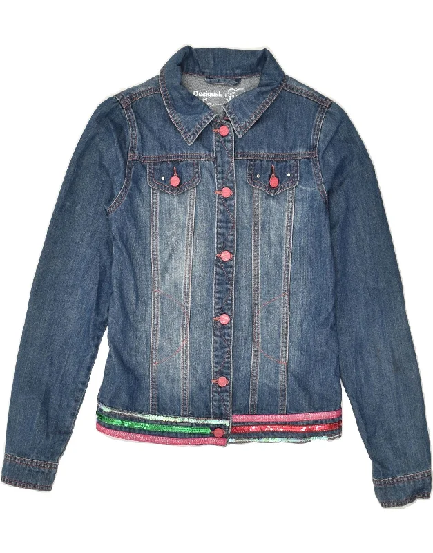 men's down jackets -DESIGUAL Girls Graphic Denim Jacket 13-14 Years Blue Geometric Cotton