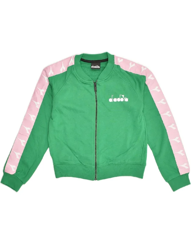 men's waterproof puffer jackets -DIADORA Girls Graphic Tracksuit Top Jacket 9-10 Years Green Colourblock