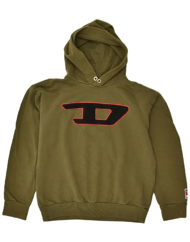 men's trendy hoodies -DIESEL Boys Graphic Hoodie Jumper 13-14 Years Khaki Cotton