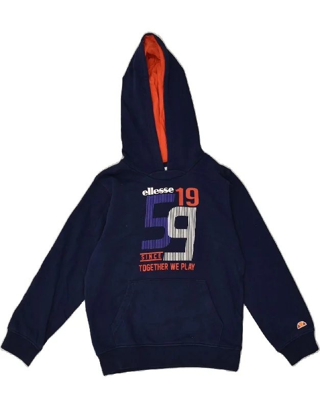 men's casual hoodies with stripes -ELLESSE Boys Graphic Hoodie Jumper 7-8 Years Navy Blue Polyester