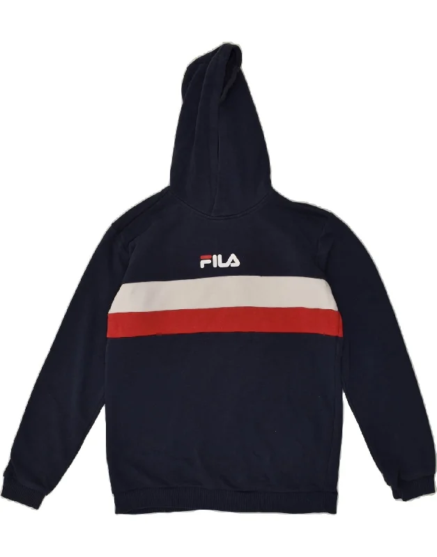 men's versatile hoodies -FILA Boys Graphic Hoodie Jumper 13-14 Years Navy Blue Colourblock Cotton