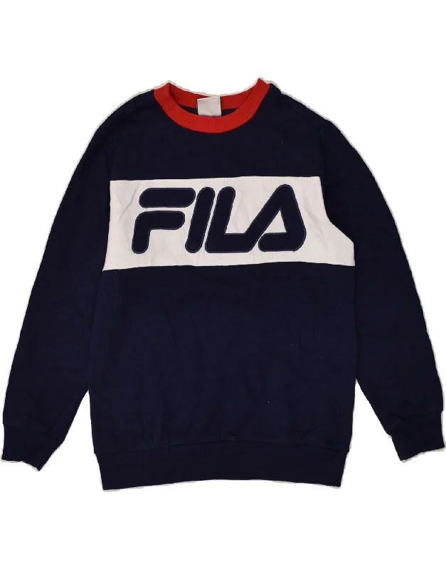 men's trendy hoodies -FILA Boys Graphic Sweatshirt Jumper 10-11 Years Medium Navy Blue Cotton