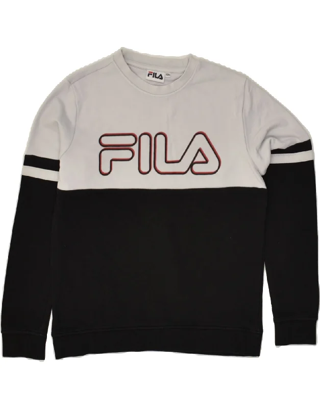 men's long sleeve hoodie -FILA Boys Graphic Sweatshirt Jumper 11-12 Years Black Colourblock Cotton