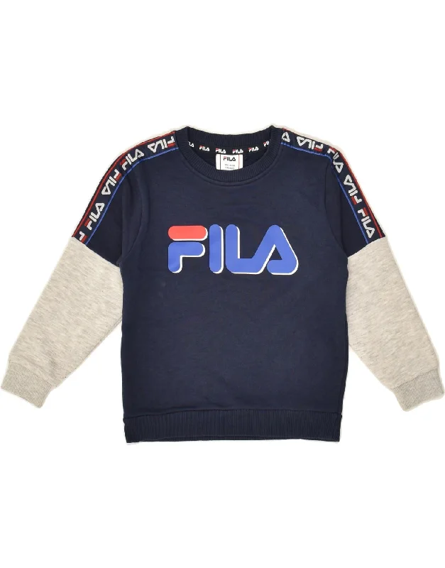 men's hoodie for gym -FILA Boys Graphic Sweatshirt Jumper 5-6 Years Navy Blue Colourblock Cotton