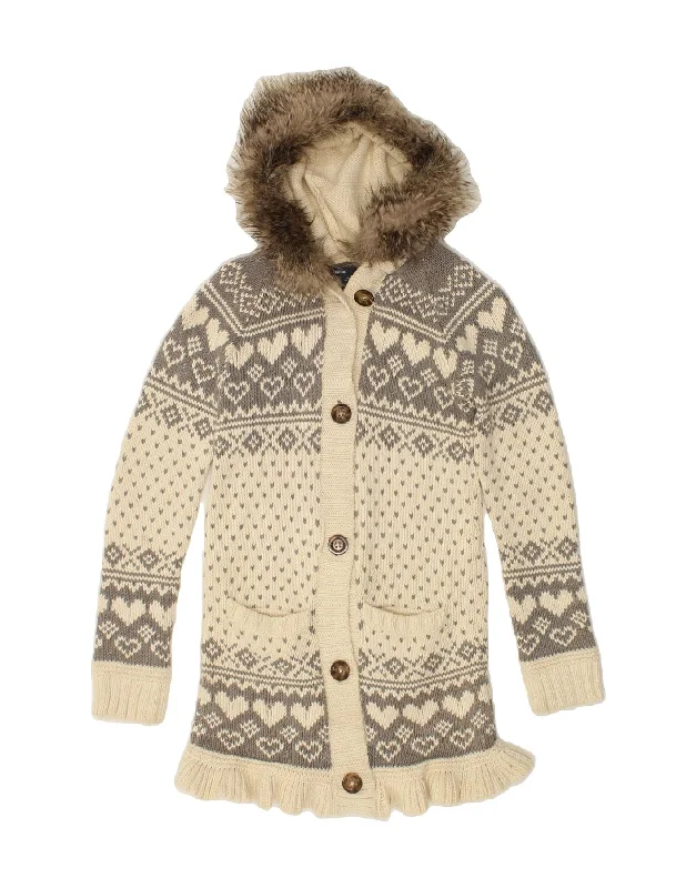 men's waterproof puffer jackets -GAP Girls Hooded Knit Jacket 10-11 Years Beige Fair Isle Cotton